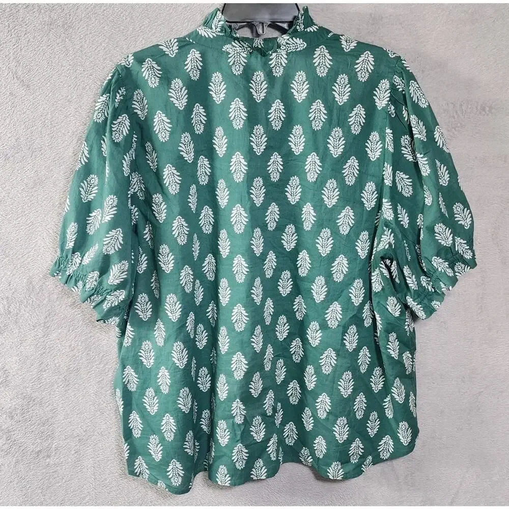 J Crew Ruffle Collar Blouse Top Green 3 Button 100% Cotton Womens Plus Size 3XL